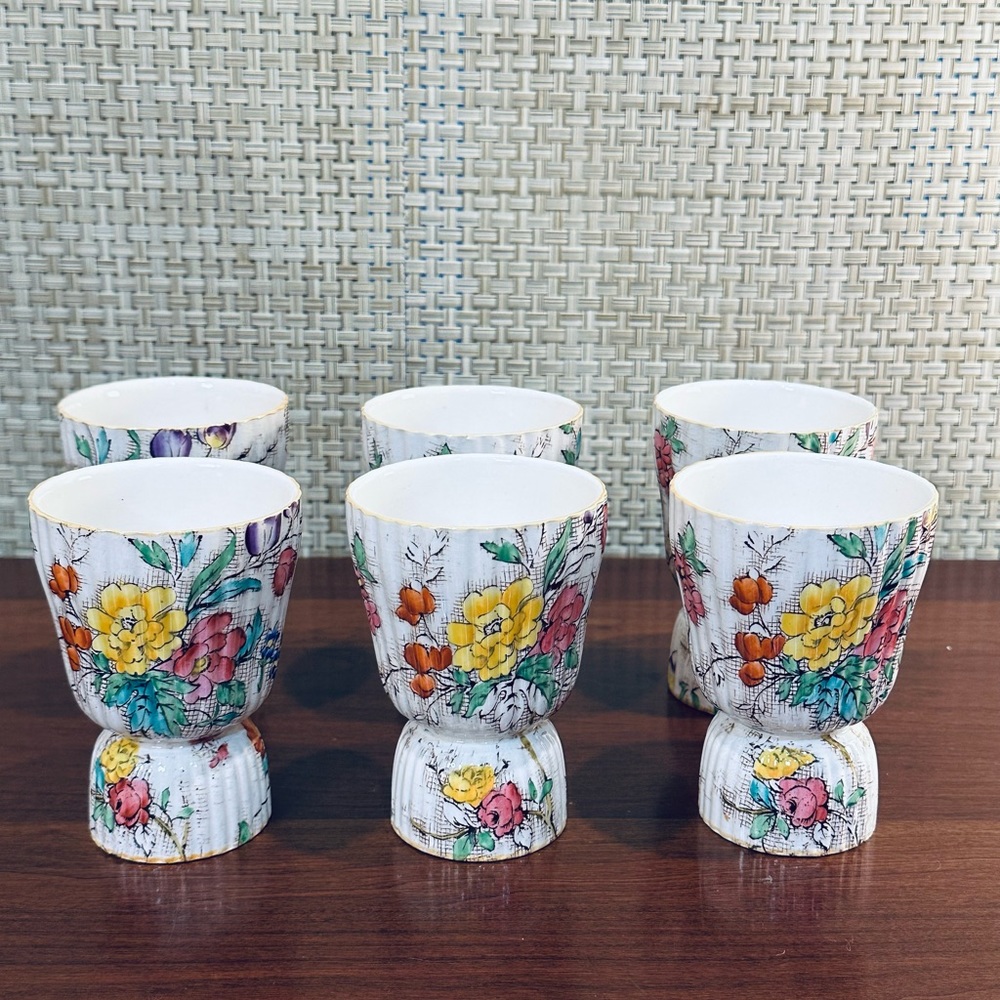 🌟2xHP🌟ANTQ c. 1890s Set of 6 Porcelain Floral Transferware Egg Cups by Minton